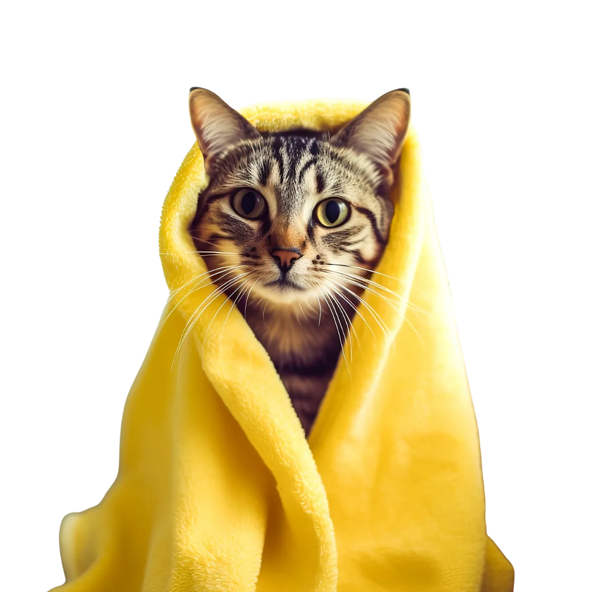 Gatito recién bañado envuelto en una toalla